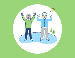 An older woman smiles with her arms raised, and an older man flexes his biceps.